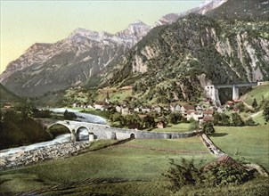 Amsteg, general view, St. Gotthard Railway, Switzerland, Historical, digitally restored