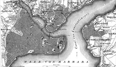 Map of Constantinople, Istanbul, and suburbs and Bosporus, Turkey, in 1880, Historical, digital