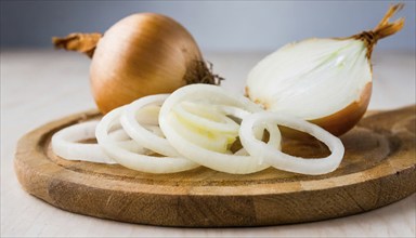 Vegetables, onion, Allium cepa, freshly cut onion rings on a wooden board, Studio