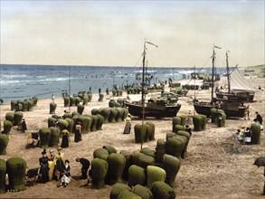 The beach, Scheveningen, Holland, around 1895, Historical, digitally restored reproduction from a