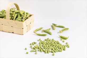 Pea pods and peas (Pisum sativum) in front of and in wooden baskets on a white background