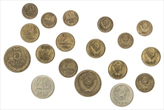 Collection of used Soviet coins worth 1 kopeck to 20 kopecks, 1960s and 1970s, obverse and reverse