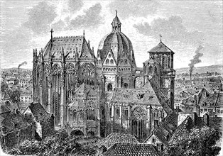 The Cathedral of Aachen in Germany in 1870, Historical, digital reproduction of an original from