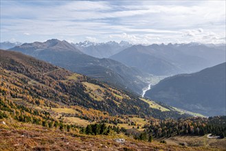 View of the mountain panorama and the Upper Inn Valley in the morning light, Krahberg on the Venet