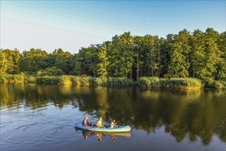 Aerial view, drone photo: Man, woman and child paddling in a canoe on the River Peene,