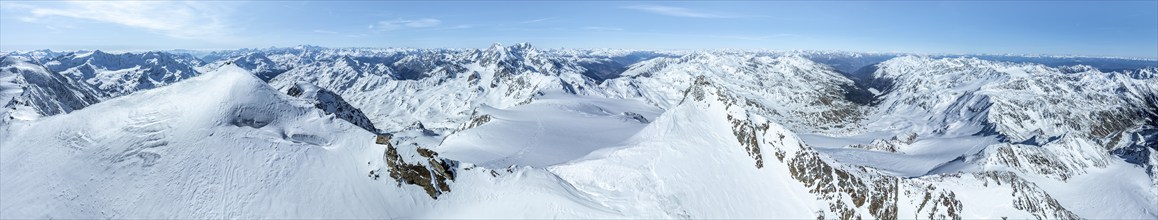 Cevedale summit, Alpine panorama, Aerial view, Snow-covered mountain landscape, Ortler group,