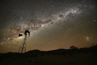 Milky Way over a wind-powered water pump, Namibia, Africa