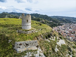 Ruins of the Church of Saint Francis of Assisi and Amantea Castle from a drone, Amantea, Tyrrhenian