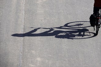 Cyclist with a long shadow, Saxony, Germany, Europe