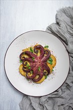 Octopus with potatoes and spices, on a light plate, top view, no people, homemade, close-up