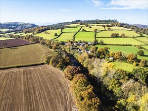 Fields and Farms over River Usk from a drone, Brecon, Brecon Beacons, Powys, Wales, England, United