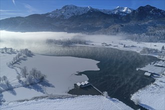 Aerial view of a lake in front of mountains in winter, snow, ice, midday light, view of Herzogstand