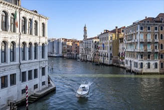 View of the Grand Canal with water taxi, view from the Rialto Bridge, Venice, Veneto, Italy, Europe