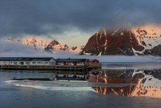 Typical Norwegian houses in fjord in front of steep mountains, sea fog, winter, Reine, Moskenesoya,