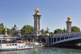 The golden statues of Alexander III Bridge over a river, Paris