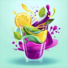 Vibrant smoothie blending abstract shapes and colors, where layers of fruits and greens swirl