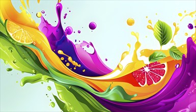 Vibrant smoothie blending abstract shapes and colors, where layers of fruits and greens swirl