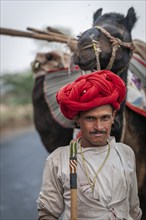 Man with red turban, nomadic caravan with camels, near Mandu, Madhya Pradesh, North India, India,