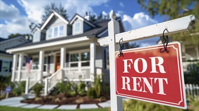 Home for rent real estate sign in front of house. generative AI, AI generated