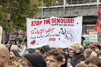 Banner Stop the Genocide! Students for a new Intifada at the pro-Palestinian demonstration in