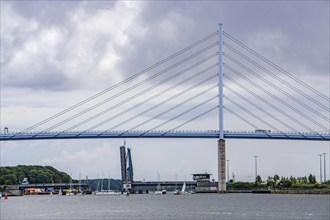 The Rügen Bridge near the Hanseatic city and UNESCO World Heritage Site, Stralsund, behind the open