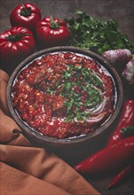 Chashushuli, a traditional Georgian dish, spicy, stewed meat with tomatoes and spices, homemade, no