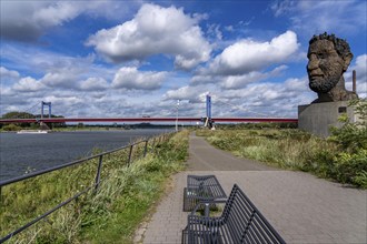 The Friedrich Ebert Bridge over the Rhine between Ruhort and Homberg, Mercator Island, sculpture