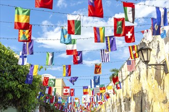 Scenic colorful streets of Cartagena in historic Getsemani district near Walled City, Ciudad