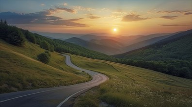 A winding road in mountains valley with a beautiful sunset in the background, AI generated