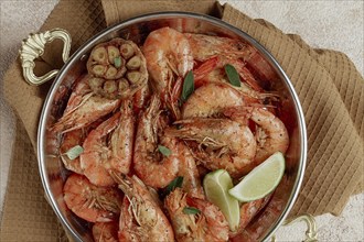 Fried tiger prawns, with spices, homemade, top view