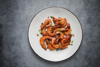 Fried tiger prawns, with spices, homemade, top view