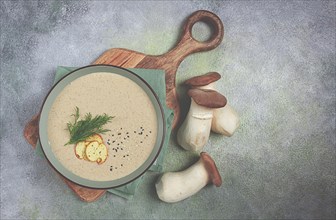 Mushroom cream soup, with dill and bruschetta, mushroom eringi