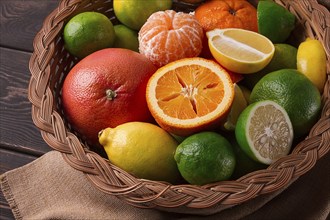 Assortment, citrus fruits, in a basket, close-up, top view, no people