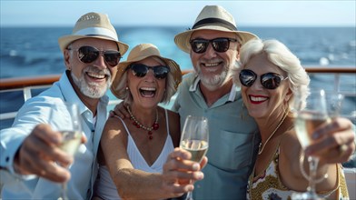 Group of friends enjoying cocktails on the deck of a luxury cruise ship. generative AI, AI