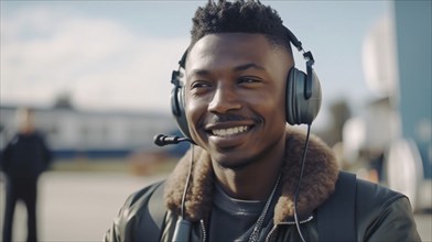 Young amitious african american male wearing his aviator pilot headset smiling at the airport,