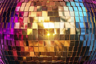 A disco ball is suspended from the ceiling at party in nightclub, reflecting the lights and