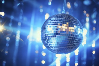 A disco ball is suspended from the ceiling at party, reflecting the lights and creating a festive