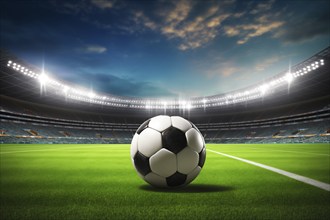 A soccer ball on a green field in soccer football stadium in evening with floodlights lights, AI