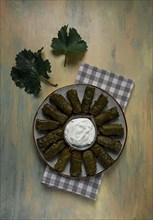 Dolma, cabbage rolls in grape leaves, Traditional Armenian dish, with white sauce, top view,