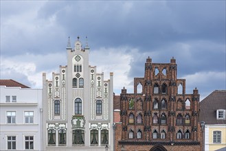 Two house gables from different stylistic periods, Art Nouveau around 1900 and Gothic, Wismar,