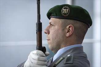 An army soldier of the guard battalion with a rifle in Berlin, 13 March 2024