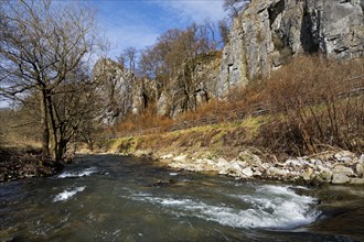 The river Hönne in front of the seven virgins in spring, Hönnetal, Balve, Märkisches Sauerland,