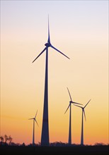 Wind turbines at dawn, Wevelsburg wind farm, Büren, Paderborn plateau, North Rhine-Westphalia,