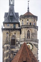 The two towers of the collegiate church, landmark of historic Stuttgart, detailed view with church