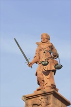 Statue of Justitia on the Fountain of Justice, Justitia Fountain, Worms, Rhineland-Palatinate,