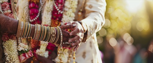 Hindu traditional Indian lavish wedding with groom and bride celebrating and dancing, AI generated