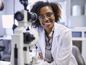 Diversity in workplace. Ophthalmologist waiting for a patient to perform an eye exam, AI generated