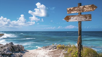 Sign pointing to the direction of vacation destination with scenic beach and ocean, AI generated