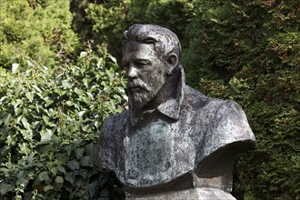 Chekhov monument from 1992, bronze bust, Kurpark Badenweiler, Black Forest, Markgräflerland,