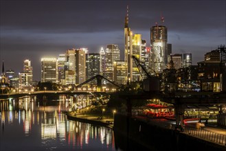 Skyline of Frankfurt am Main in the evening, skyscrapers in the banking district in the evening.